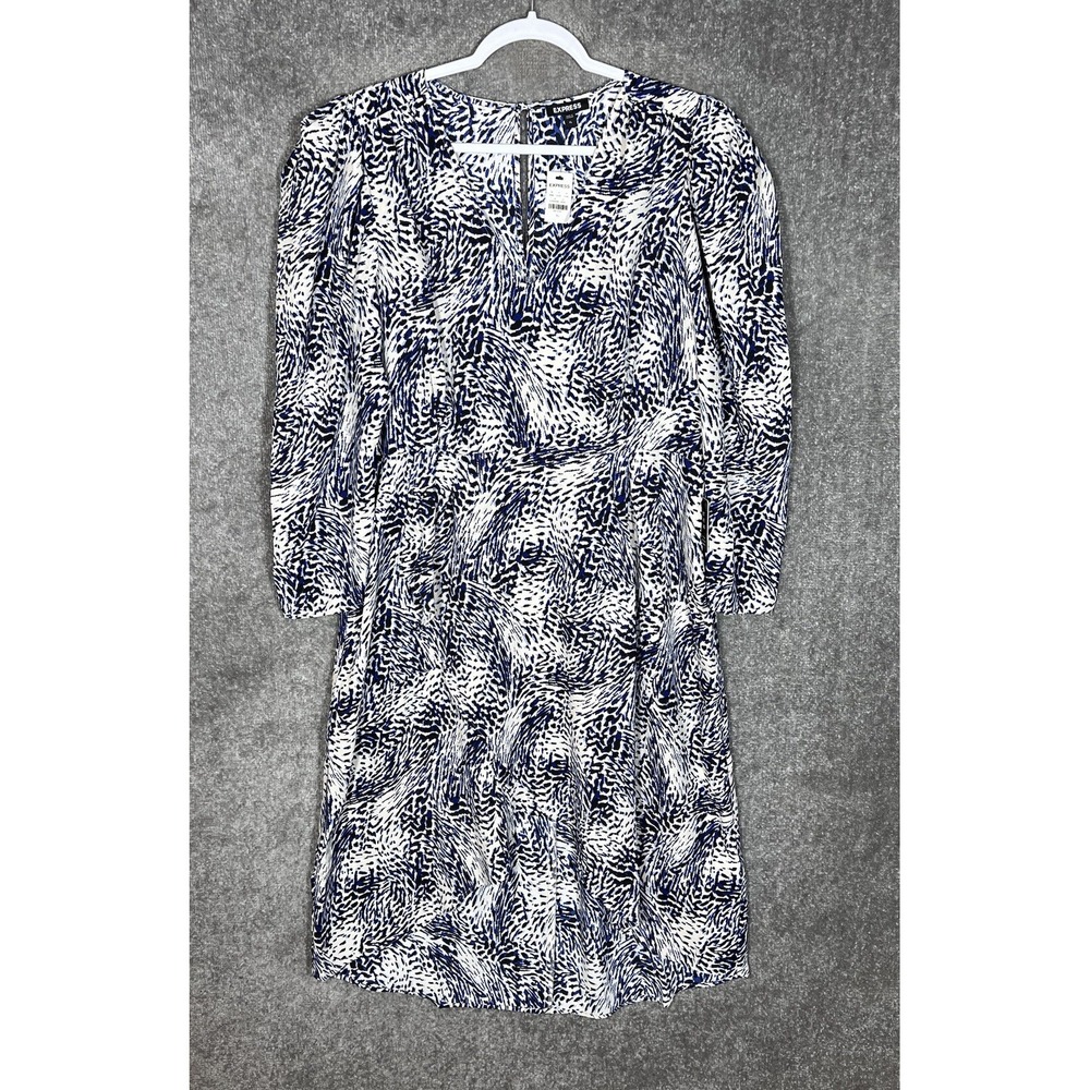 Express Dress Womens Size XL Blue Animal Print Hi Low Long Sleeve V-Neck Keyhole